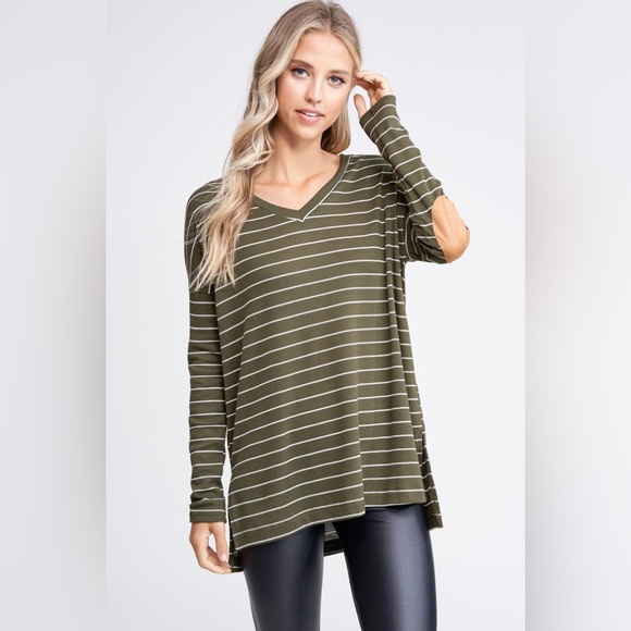NWT White Birch Striped Waffle Long Sleeve Top With Suede Elbow Patch, Olive - Picture 2 of 6